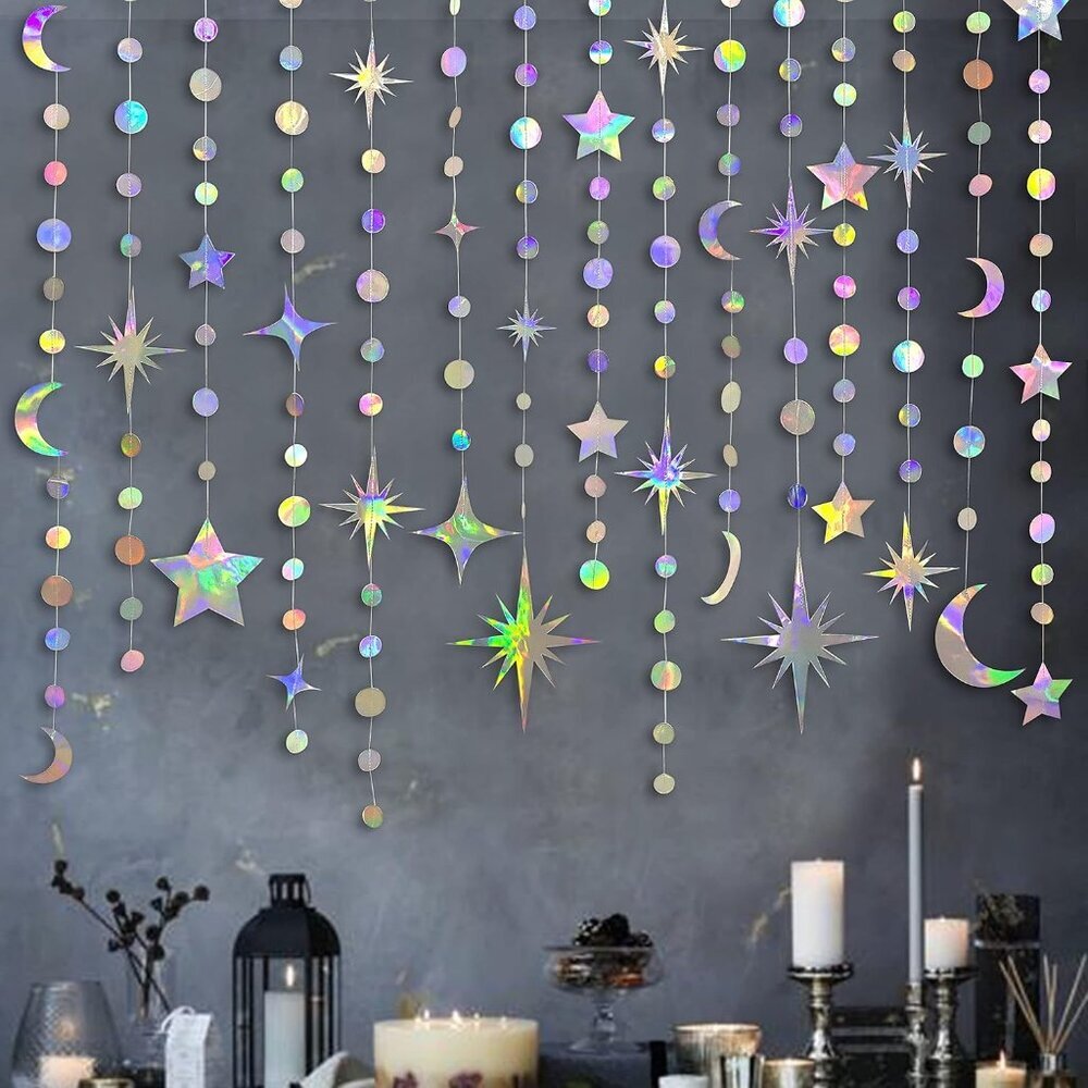 Iridescent Star Moon Circle Dot Garland Party Decoration Kit Hanging Crescent an